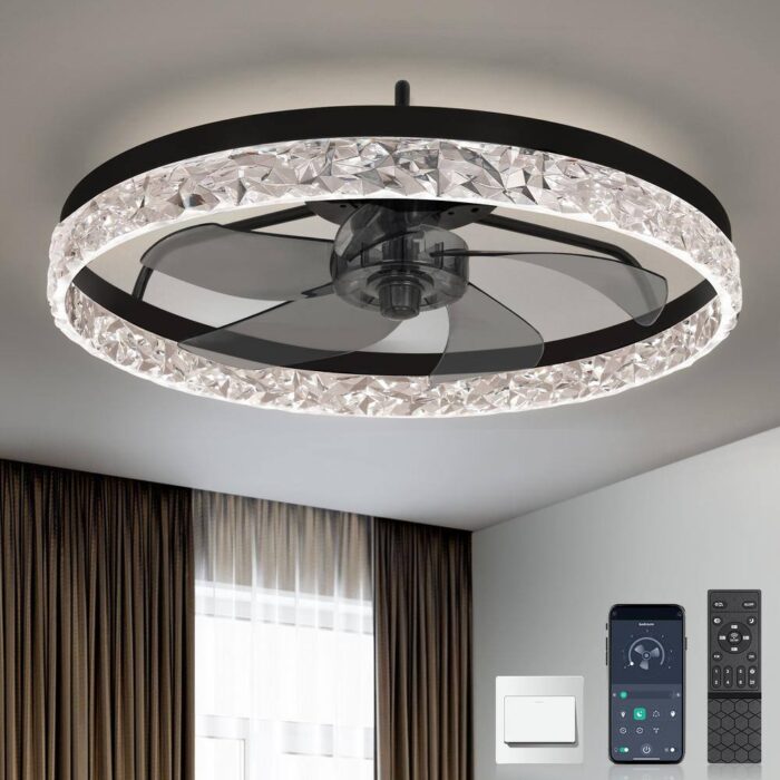 20 in. Indoor Black Crystal Ceiling Fan with Light and Remote, Flush Mount LED Ceiling Fan, Dimmable for Bedroom